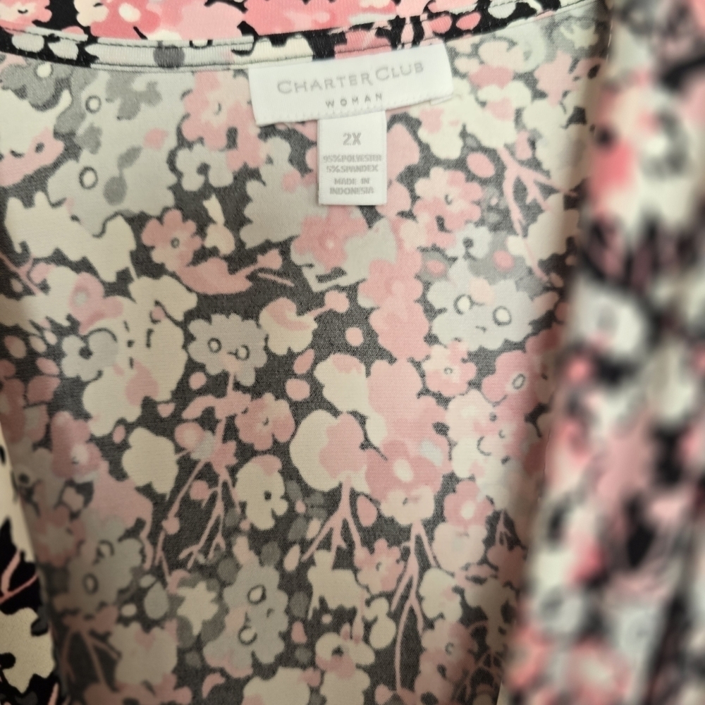 Charter Club Floral Pink White and Black Women's Faux Wrap Top - Picture 2 of 4